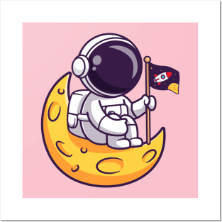 Cute Astronaut Holding Flag On Moon Cartoon Posters and Art